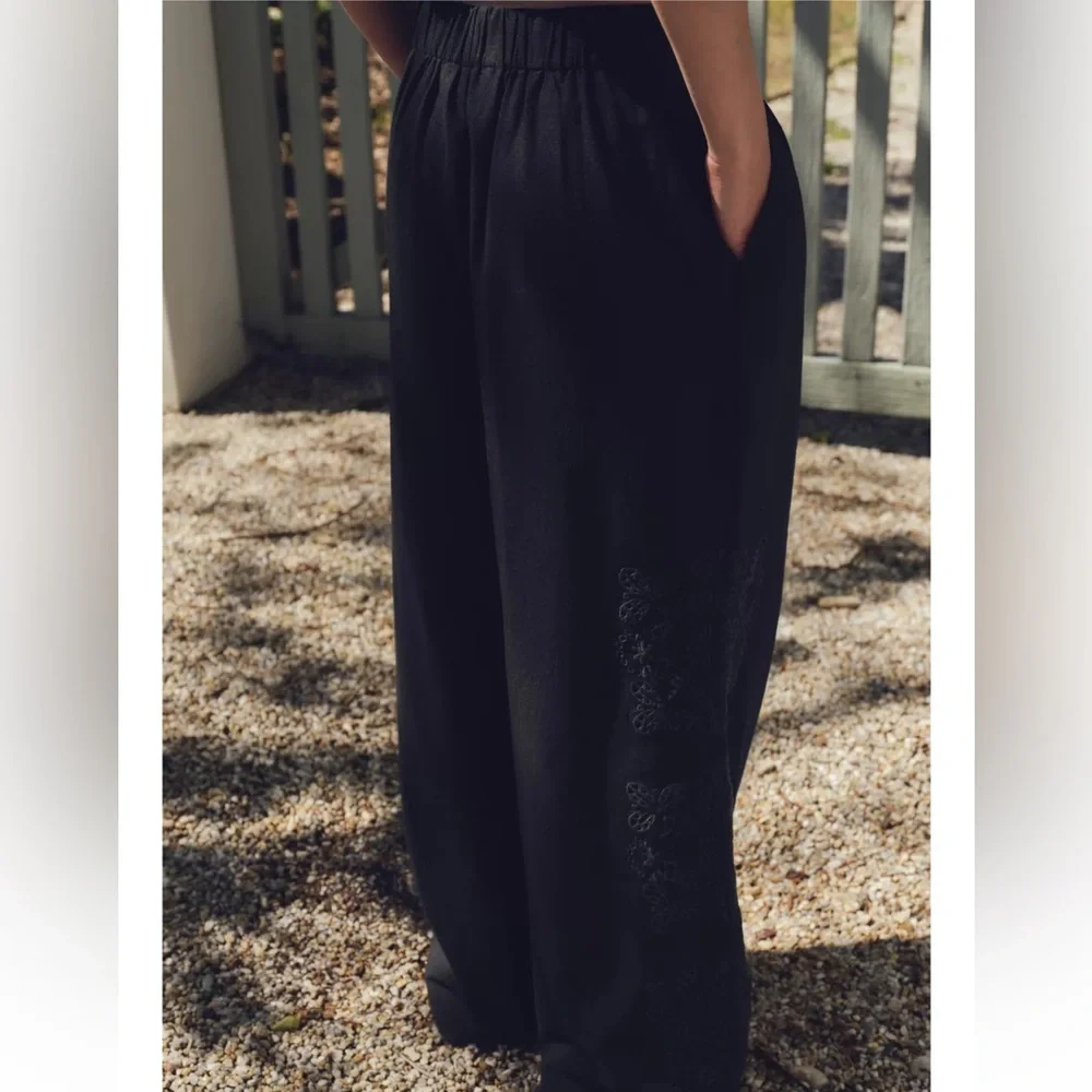 Zara NWT multi pleat linen blend embroidered pants black 0881/407 - Picture 2 of 10